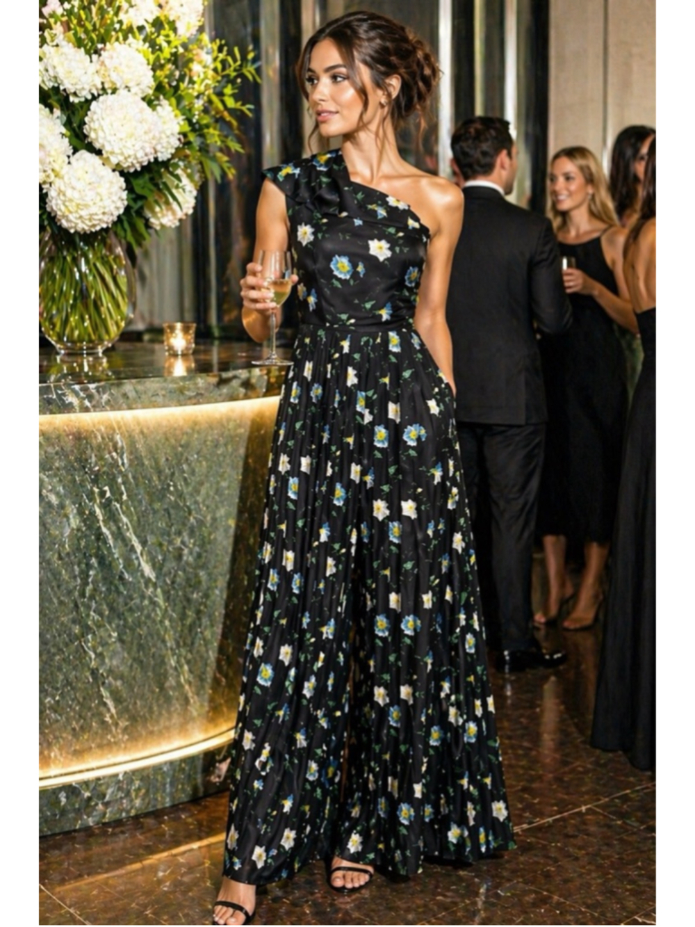 Flor et al One Shoulder Floral Jumpsuit Palazzo Pants Formal Maxi - Picture 1 of 12